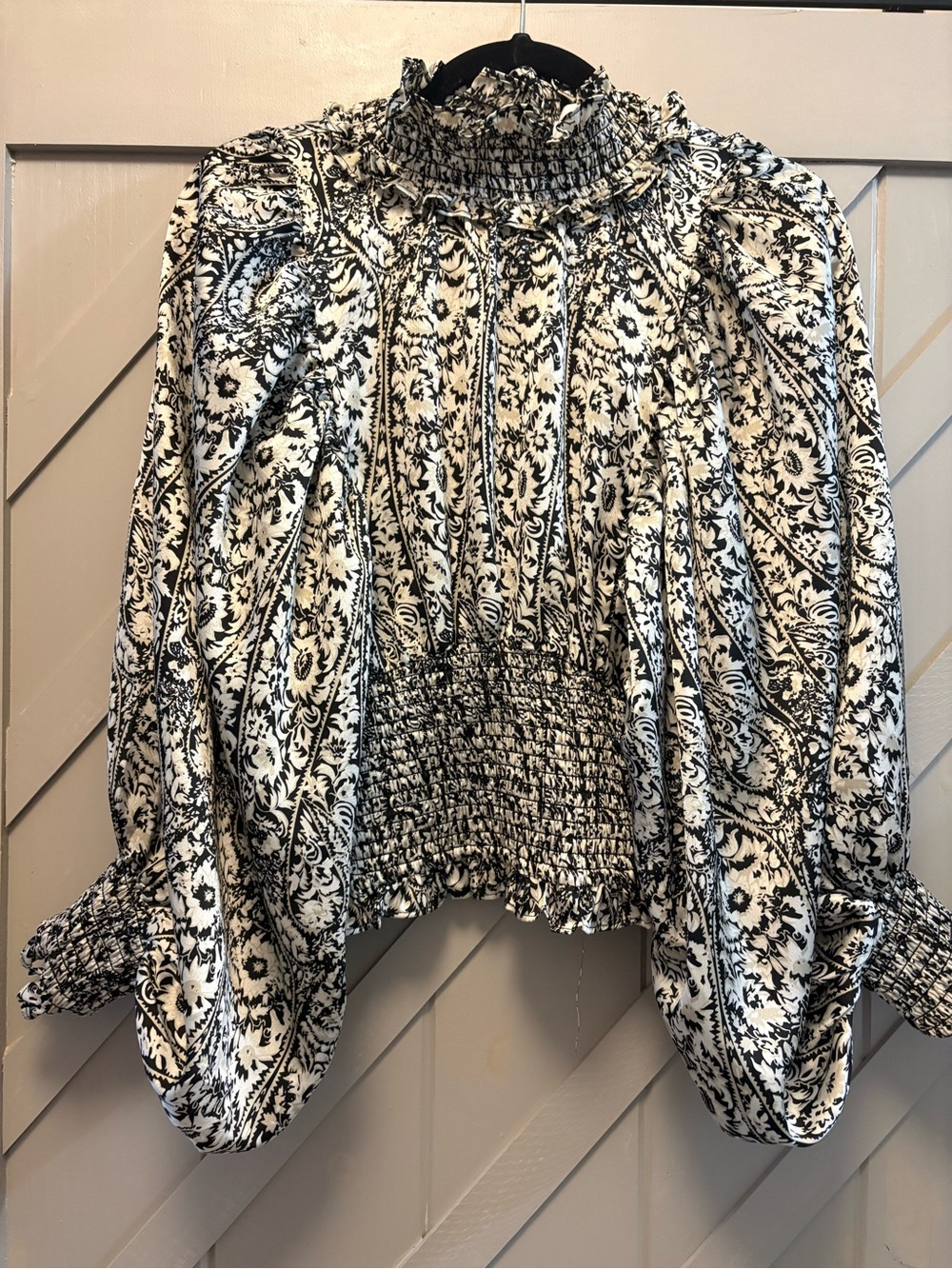 ELLIATT Black & White Smocked High-Neck Peasant Blouse w/ back cut out